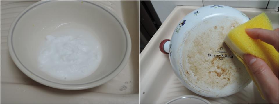 小蘇打加水刷洗鍋具。（圖片來源：陳映如）