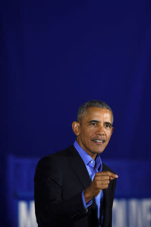 Former president Barack Obama speaks during a rally for New Jersey Democratic Gubernatorial candidate Jim Murphy in Newark, New Jersey, U.S. October 19, 2017. REUTERS/Mark Makela