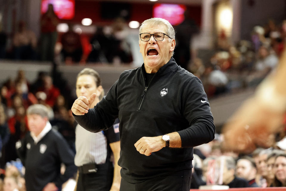UConn head coach Geno Auriemma protests a call during the second half of an NCAA college basketball game against North Carolina State, Sunday, Nov. 12, 2023, in Raleigh, N.C. (AP Photo/Karl B. DeBlaker)