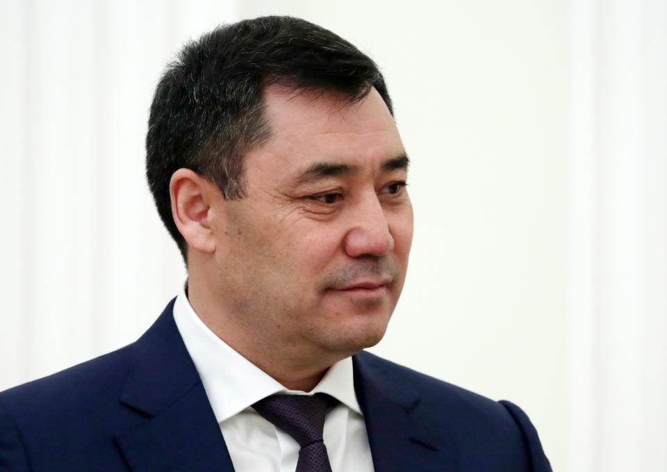 Kyrgyzstan's President Sadyr Japarov attends his meeting with Russian President Vladimir Putin in Moscow, Russia, Wednesday, Feb. 24, 2021. (Mihail Metzel, Sputnik, Kremlin Pool Photo via AP)