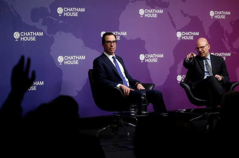 U.S. Treasury Secretary Steven Mnuchin takes part in a Q&A session at Chatham House in London