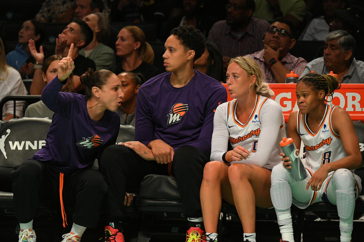 (Left to right) Diana Taurasi, Brittney Griner, Sophie Cunningham, Moriah Jefferson and the Phoenix Mercury have struggled so far this season. (Erica Denhoff/Icon Sportswire via Getty Images)