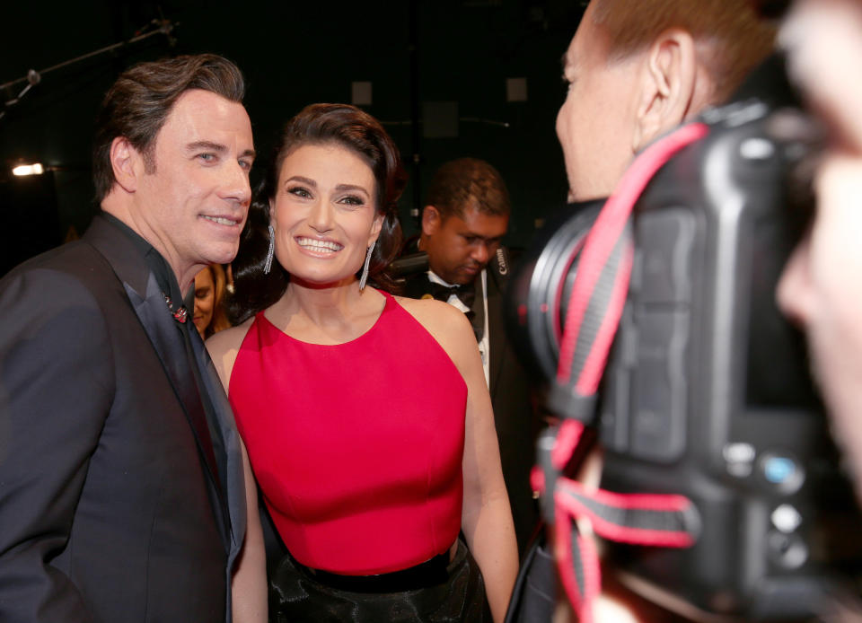 HOLLYWOOD, CA - FEBRUARY 22: Actor John Travolta and Singer-Actress Idina Menzel attend the 87th Annual Academy Awards at Dolby Theatre on February 22, 2015 in Hollywood, California.  (Photo by Christopher Polk/Getty Images)