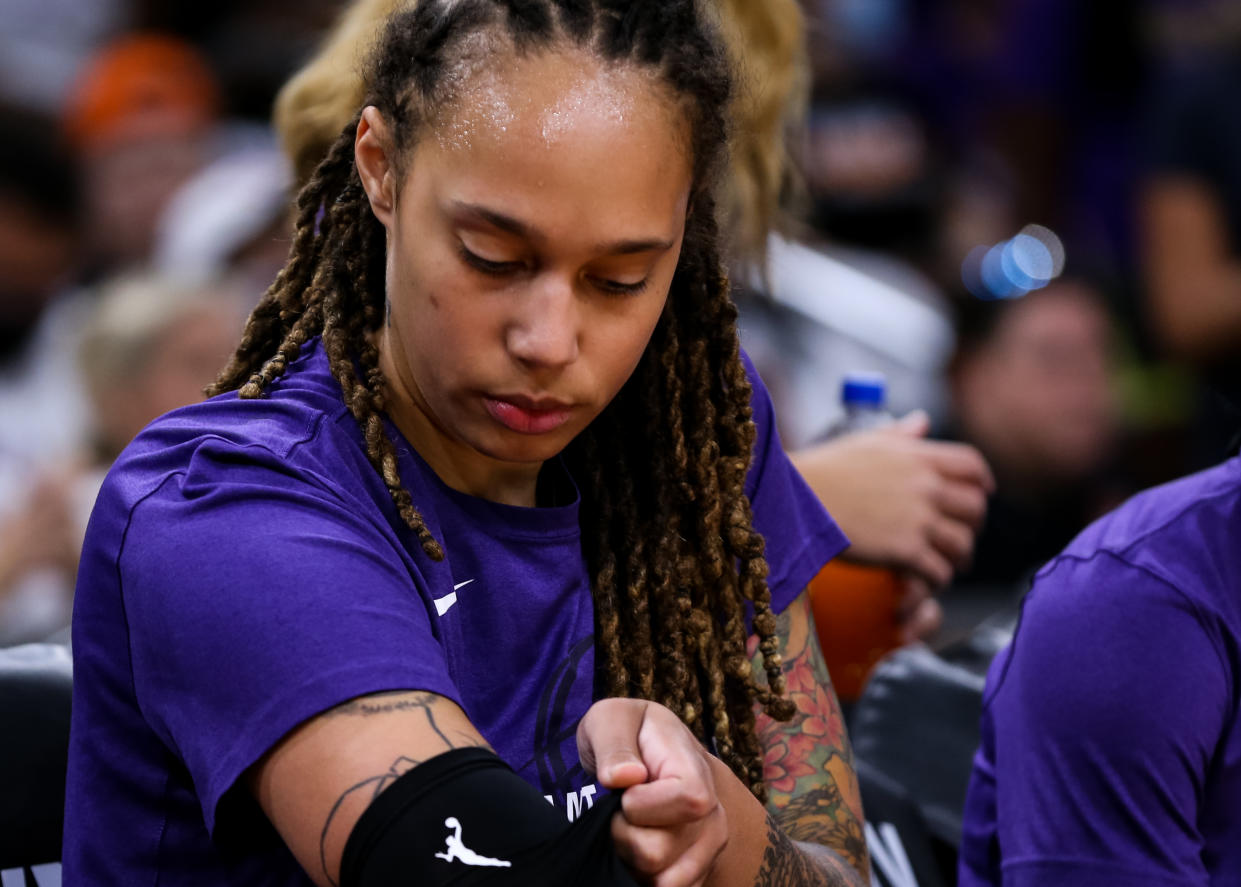 PHOENIX, ARIZONA - OCTOBER 10: Brittney Griner #42 of the Phoenix Mercury prepares for game 1 of the WNBA Finals at Footprint Center on October 10, 2021 in Phoenix, Arizona. NOTE TO USER: User expressly acknowledges and agrees that, by downloading and or using this photograph, User is consenting to the terms and conditions of the Getty Images License Agreement. (Photo by Mike Mattina/Getty Images)