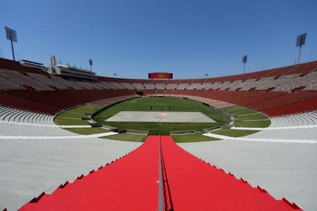 The Los Angeles Memorial Coliseum is shown after a tour by the International Olympic Committee Evaluation Commission as LA 2024 bids for the Summer 2024 Olympic Games in Los Angeles, California, U.S., May 11, 2017. REUTERS/Mike Blake