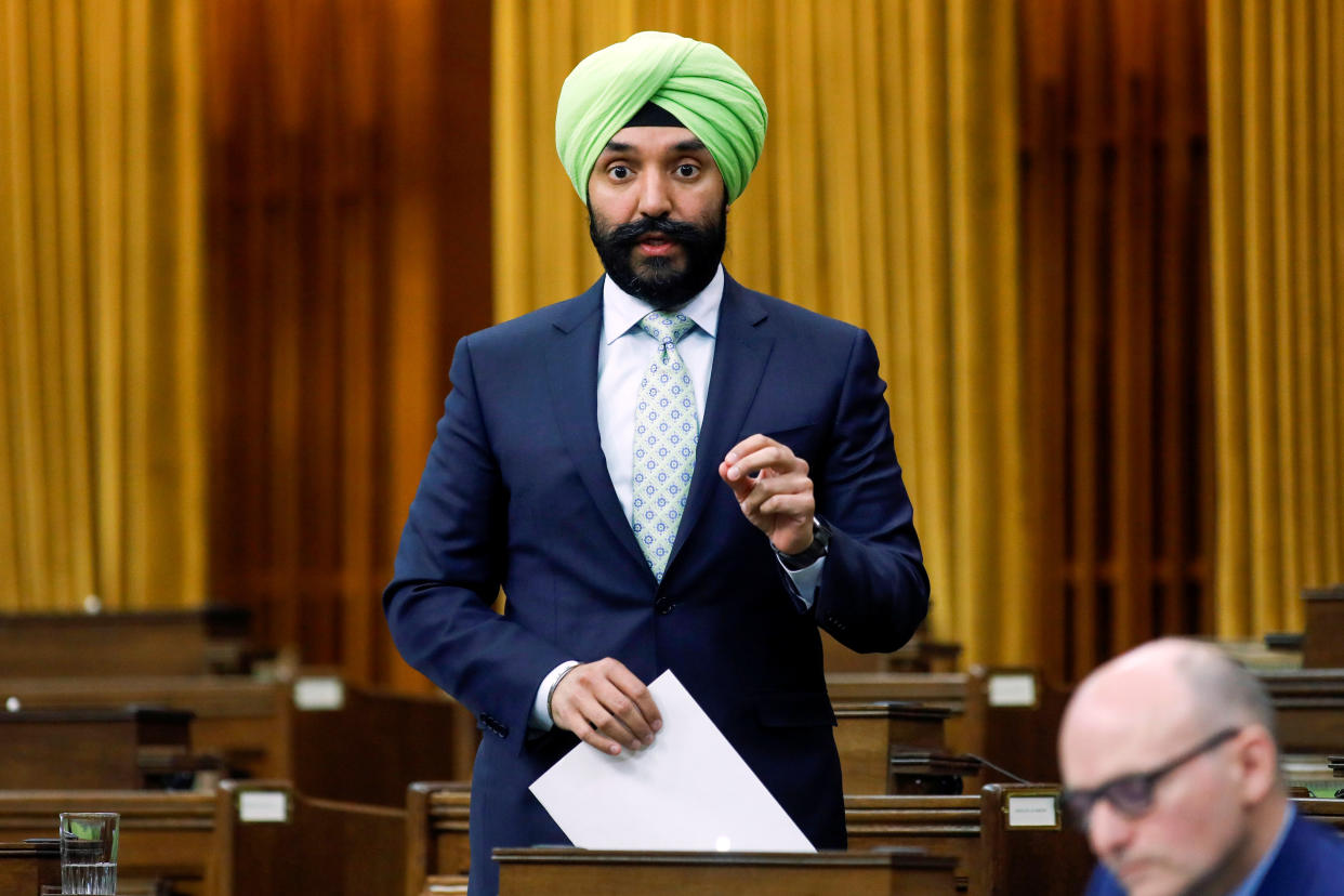 Canada's Minister of Innovation, Science and Industry Navdeep Bains speaks during a meeting of the special committee on the COVID-19 outbreak, as efforts continue to help slow the spread of the coronavirus disease (COVID-19), in the House of Commons on Parliament Hill in Ottawa, Ontario, Canada May 20, 2020. REUTERS/Blair Gable