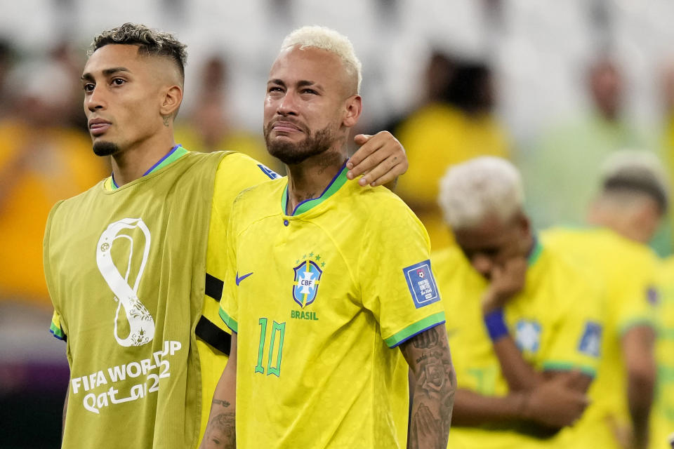 Brazil's Neymar cries at the end of the World Cup quarterfinal soccer match between Croatia and Brazil, at the Education City Stadium in Al Rayyan, Qatar, Friday, Dec. 9, 2022. (AP Photo/Darko Bandic)