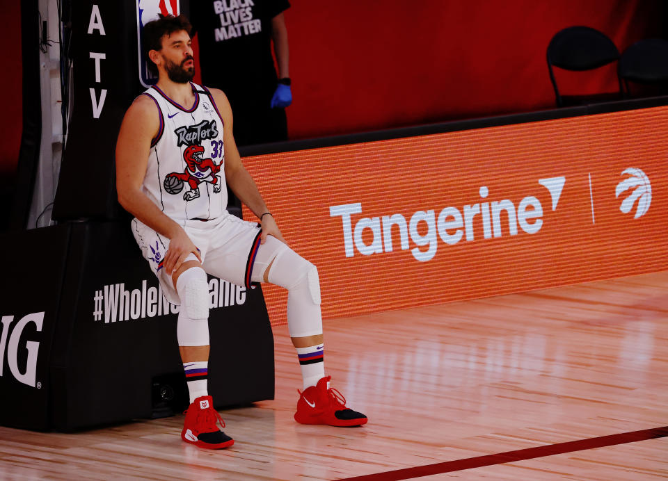 Marc Gasol #33 of the Toronto Raptors prior to the start of the game against the Memphis Grizzlies.