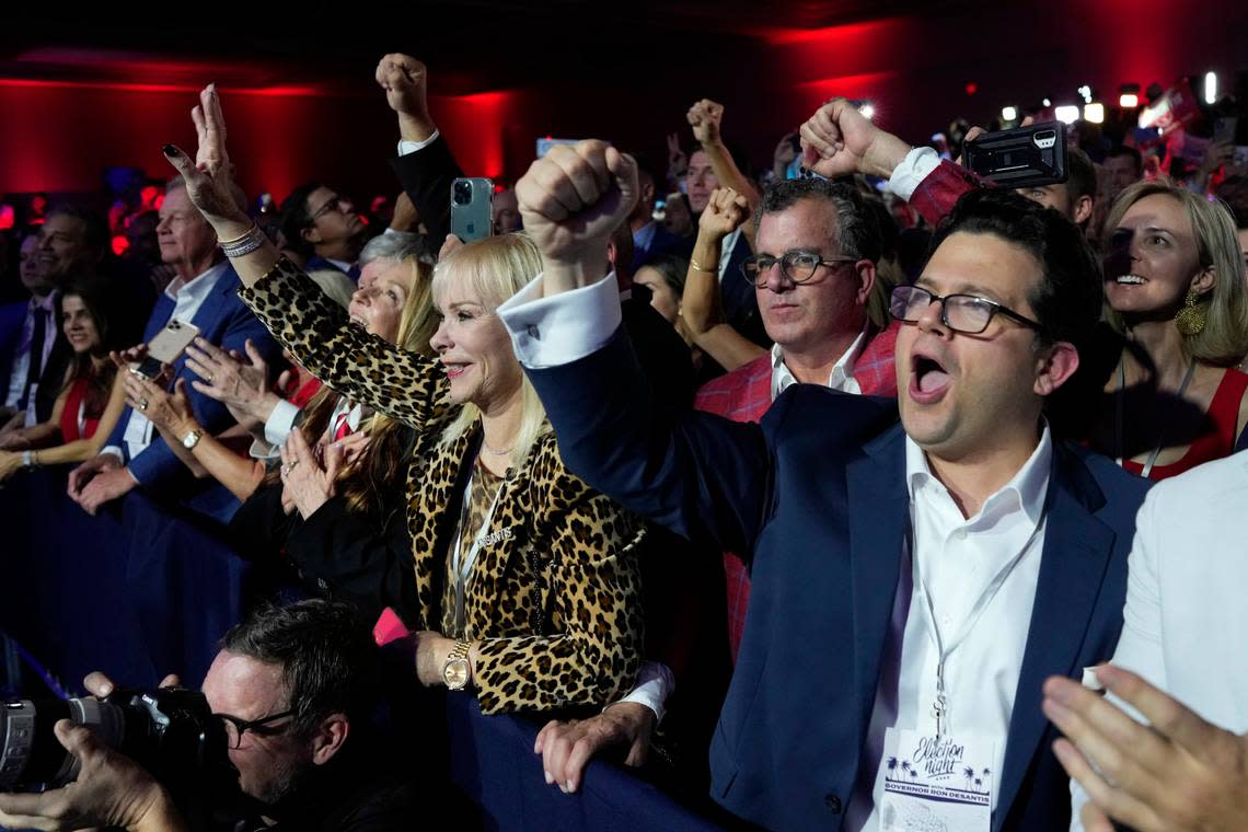 Supporters of incumbent Florida Republican Gov. Ron DeSantis cheer as he speaks to supporters at an election night party after winning his race for reelection in Tampa, Fla., Tuesday, Nov. 8, 2022.