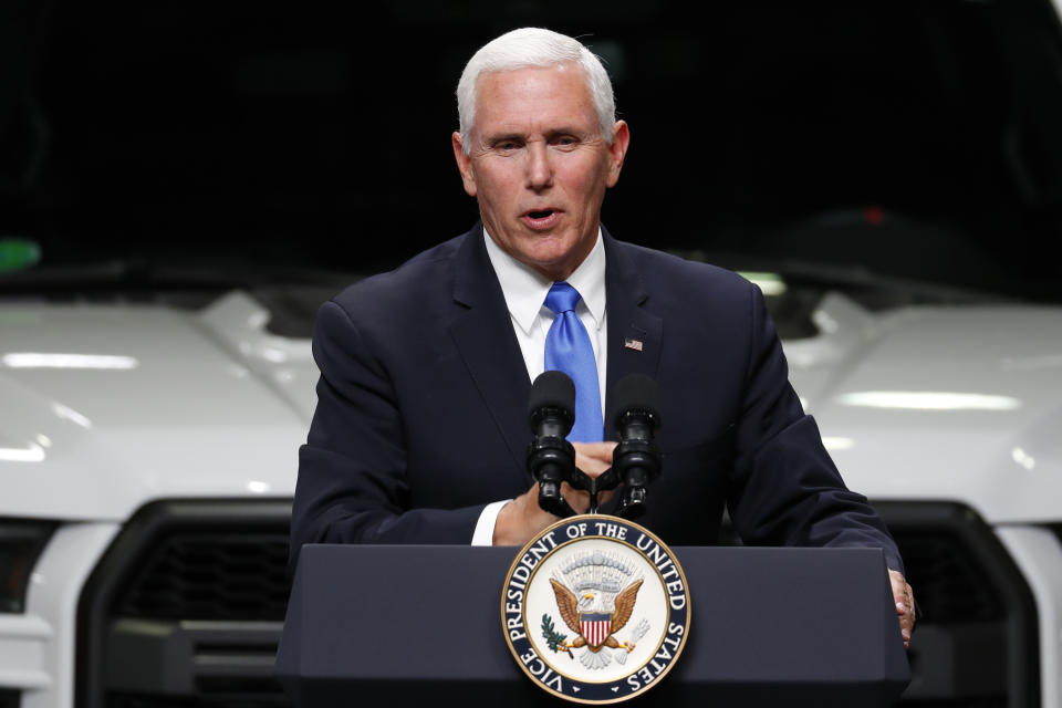 FILE - In this Wednesday, April 24, 2019 file photo, Vice President Mike Pence speaks at an auto industry discussion of the new United States-Mexico-Canada Agreement in Taylor, Mich. Pence plans two tour stops in Minnesota on Thursday, May 9, 2019, to talk about the stalled trade deal with Mexico and Canada. He's likely to hear differing opinions on part of the plan to replace NAFTA. (AP Photo/Paul Sancya, File)