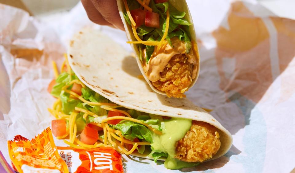 Taco Bell has added Crispy Chicken Tacos to its menu. They consist of crispy tortilla chicken, shredded lettuce, cheddar cheese, and tomatoes, with a choice of  avocado ranch or creamy chipotle sauce in a warm tortilla for $2.79.