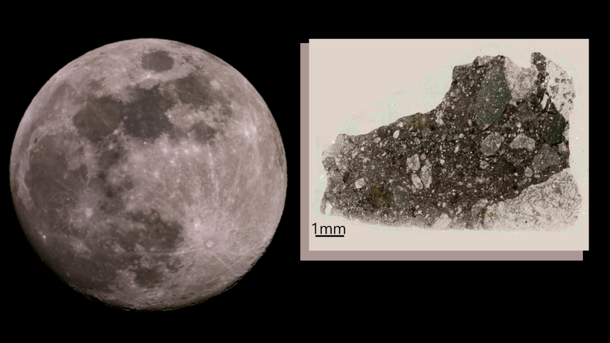  (Left) a striking image of the moon (right)  a lunar meteorite sample. 