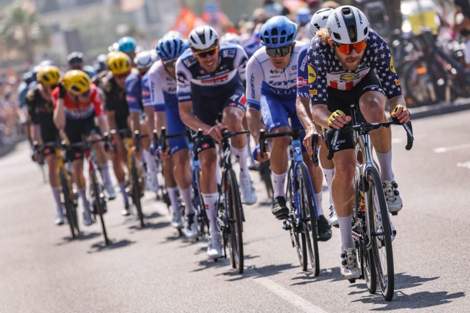 Lidl  Treks US rider Quinn Simmons cycles ahead of the pack of riders during the 3rd stage of the 110th edition of the Tour de France cycling race 1935 km between AmorebietaEtxano in Northern Spain and Bayonne in southwestern France on July 3 2023 Photo by Thomas SAMSON  AFP Photo by THOMAS SAMSONAFP via Getty Images