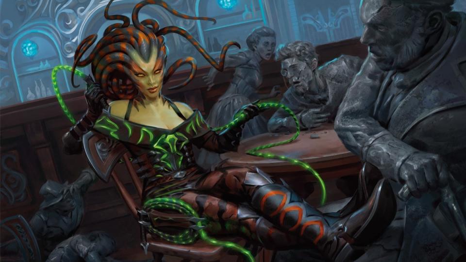 Vraska art from MTG Outaws of Thunder Junction. She sits at a table with a whip in her hand. The people around her have been turned to stone.