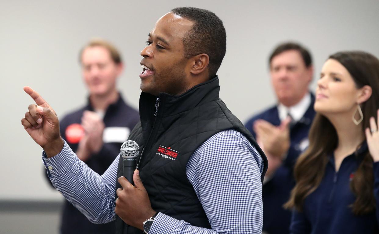 Attorney General Daniel Cameron speaks during a campaign stop Wednesday in Shepherdsville. A new poll found the candidate tied with incumbent Gov. Andy Beshear.