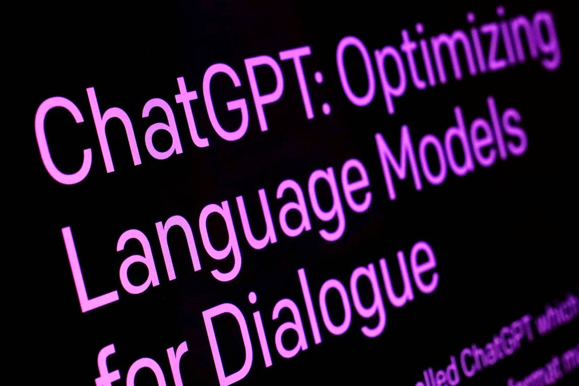 FILE - Text from the ChatGPT page of the OpenAI website is shown in this photo in Feb. 2023. Richard Drew/AP