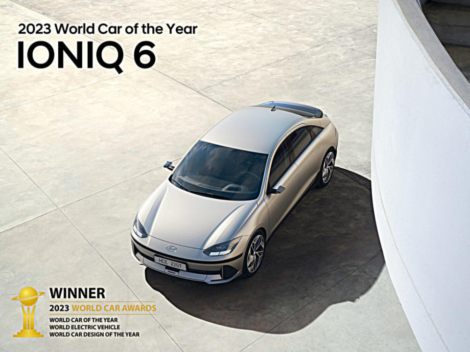 日前揭曉的2023世界風雲車評選Ioniq 6共拿下世界風雲車、世界電動風雲車與年度汽車設計等3項大獎。(圖片來源/ Hyundai)