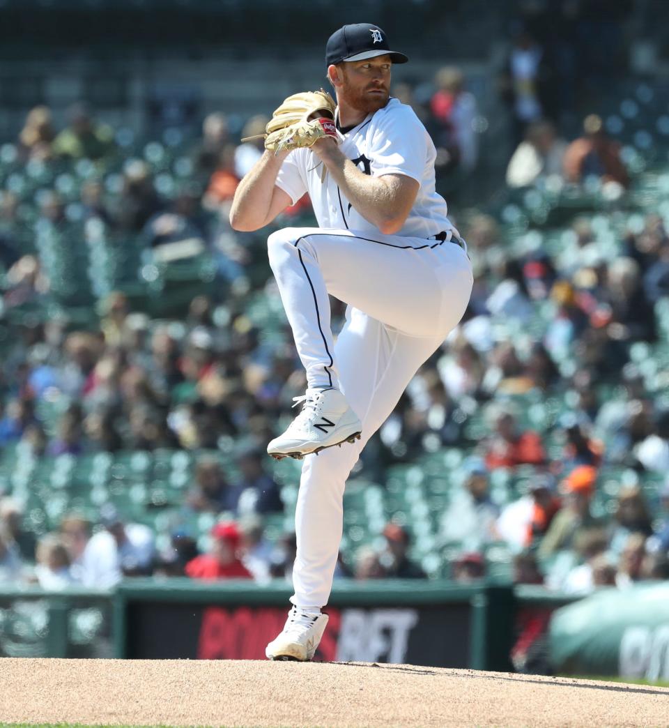 Detroit Tigers starter Spencer Turnbull (56) pitches against the Cleveland Guardians during first-inning action at Comerica Park in Detroit on Wednesday, April 19, 2023.