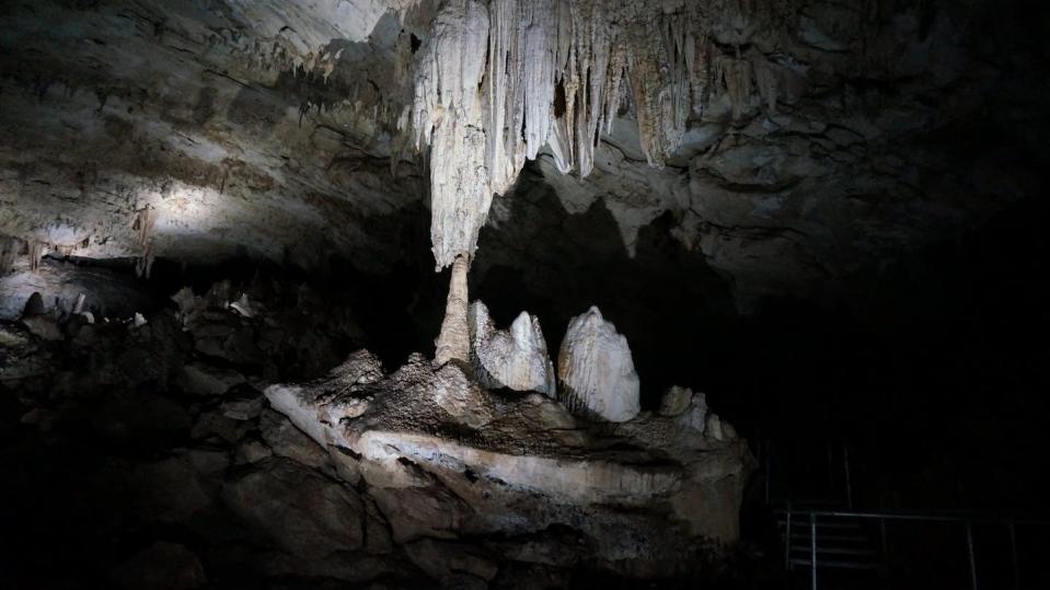 Stalagmites grow from the ground, and stalactites grow from above. These are in Mawmluh Cave, where the authors conducted their research. Gayatri Kathayat