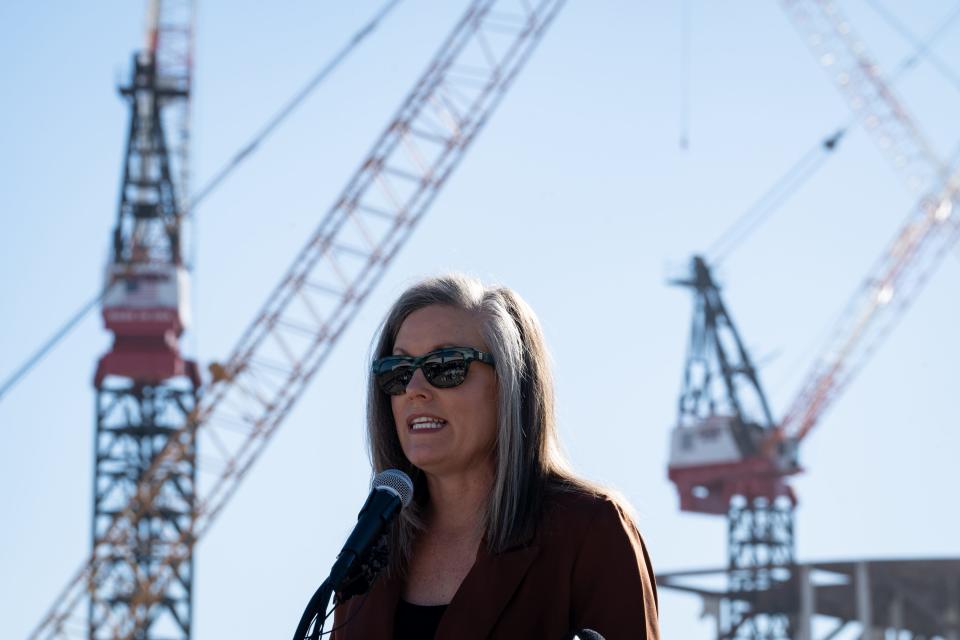 Gov. Katie Hobbs speaks during a press conference, Aug. 4, 2023, at Taiwan Semiconductor Manufacturing Company in Phoenix.