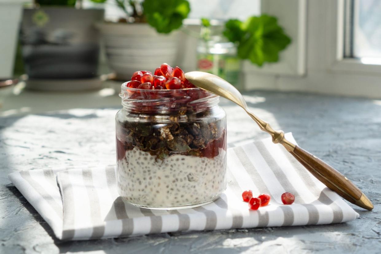 chai pudding with pomegranate
