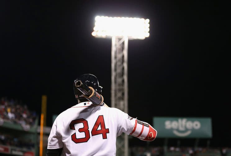 BOSTON, MA - OCTOBER 10: David Ortiz #34 of the Boston Red Sox waits for his at-bat in the eighth inning against the Cleveland Indians during game three of the American League Divison Series at Fenway Park on October 10, 2016 in Boston, Massachusetts. (Photo by Maddie Meyer/Getty Images)