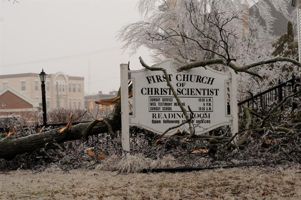 The outdoor sign at the First Church of Christ Scientist in Adrian, 229 Dennis St., was the landing spot for this tree branch Feb. 23, the result of an ice storm that rolled through Lenawee County. The storm was the county's main weather event of 2023,