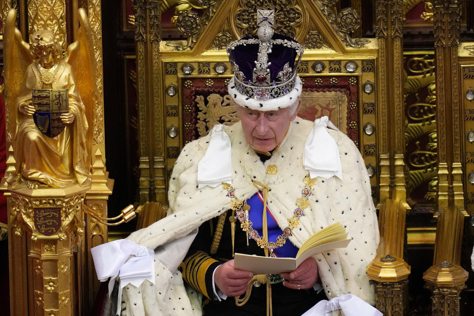 FILE - Britain's King Charles III speaks during the State Opening of Parliament at the Palace of Westminster in London, Tuesday, Nov. 7, 2023. The king's most visible role is at the annual State Opening of Parliament, where the monarch sets out the government's agenda in a formal address. The speech is written by the government and contains a summary of the legislation proposed for the forthcoming parliamentary session. (AP Photo/Kirsty Wigglesworth, Pool, File)