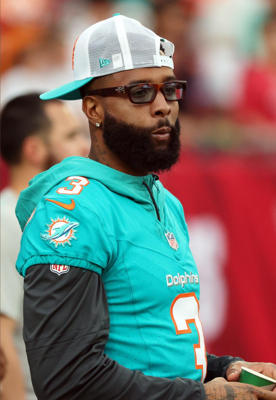 Aug 23, 2024; Tampa, Florida, USA; Miami Dolphins wide receiver Odell Beckham Jr. (3) looks on before the game against the Tampa Bay Buccaneers at Raymond James Stadium. Mandatory Credit: Kim Klement Neitzel-USA TODAY Sports