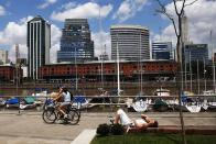 Skyline with harbour Puerto Madeiro and Opera Bay in Buenos Aires, Argentina.