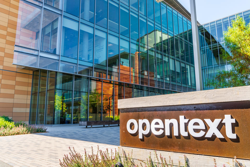 August 15, 2019 San Mateo / CA / USA - Opentext headquarters in Silicon Valley; OpenText Corporation is a Canadian company that develops and sells enterprise information management (EIM) software