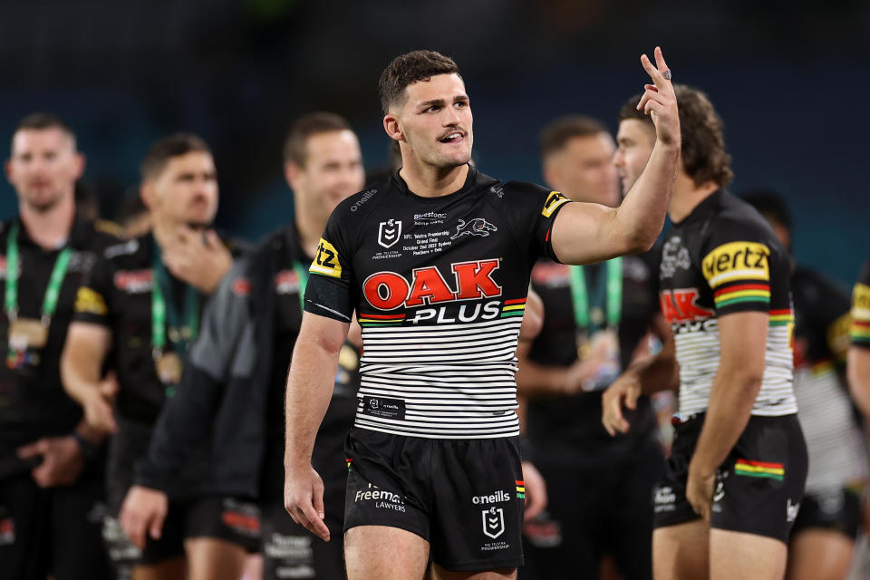 Nathan Cleary, pictured here celebrating after Penrith's back-to-back NRL premierships.