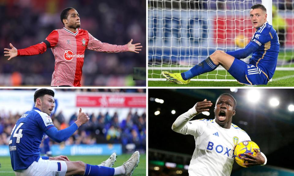 <span>Clockwise from top left: Southampton’s Kyle Walker-Peters, Jamie Vardy of Leicester, the Leeds forward Wilfried Gnonto and Ipswich’s Kieffer Moore.</span><span>Composite: Getty Images; Action Images; PA Images</span>