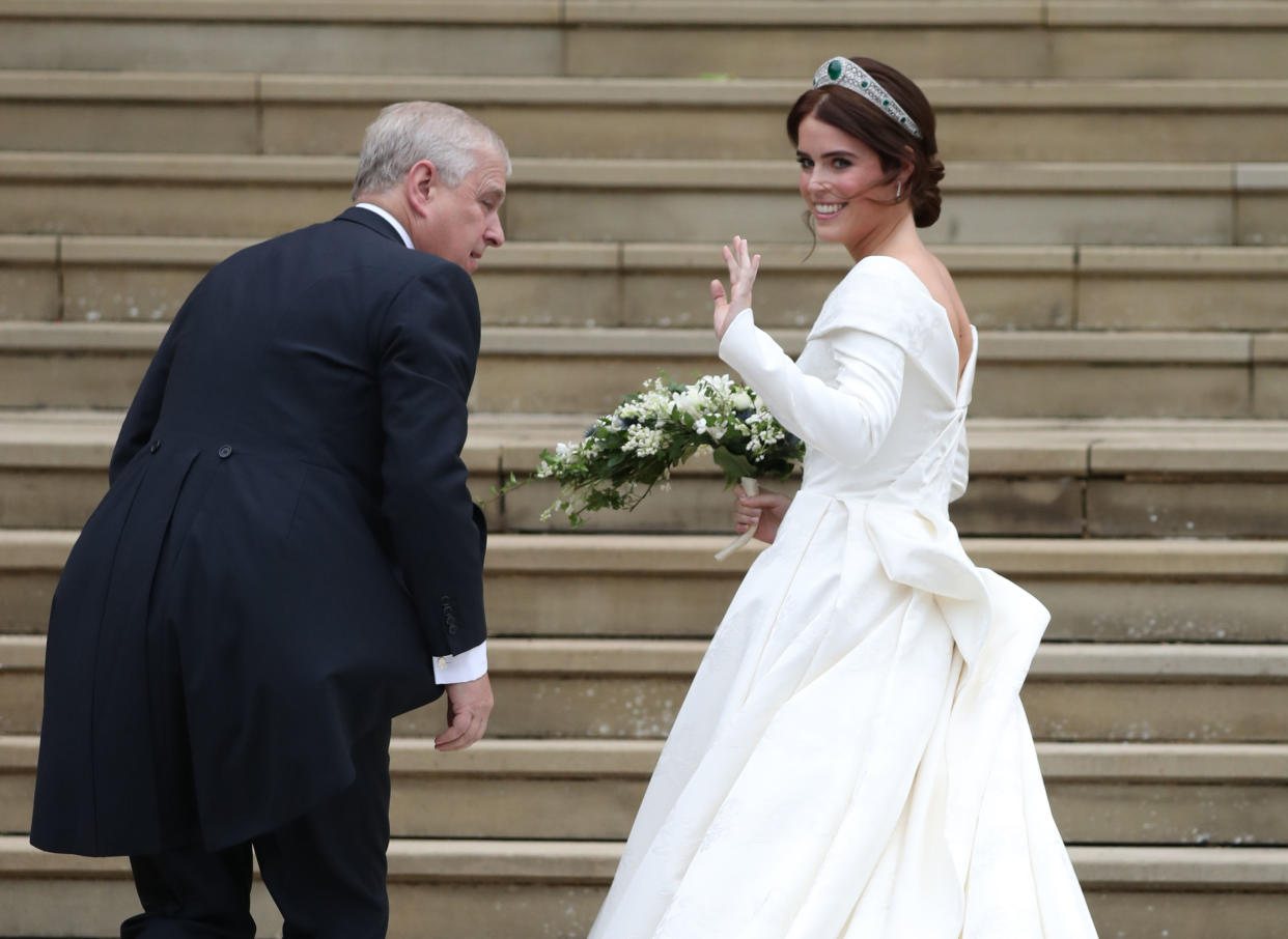 Princess Eugenie pictured arriving at St George’s Chapel in Windsor Castle with her father, the Duke of York (Steve Parsons/PA Wire)