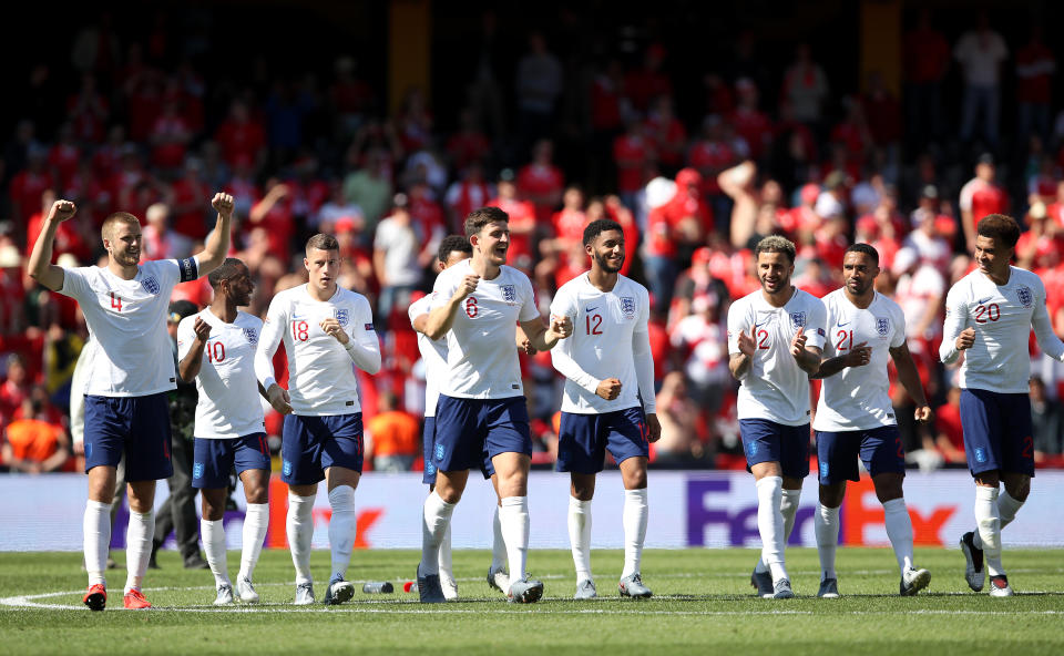 England players celebrate after winning the penalty shootout during the Nations League Third Place Play-Off at Estadio D. Alfonso Henriques, Guimaraes.