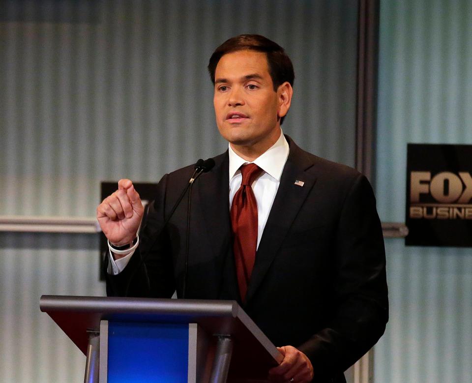 Florida Sen. Marco Rubio, speaks during the Republican presidential debate sponsored by Fox Business and the Wall Street Journal at the Milwaukee Theatre on November 10, 2015, in Milwaukee, Wis.
