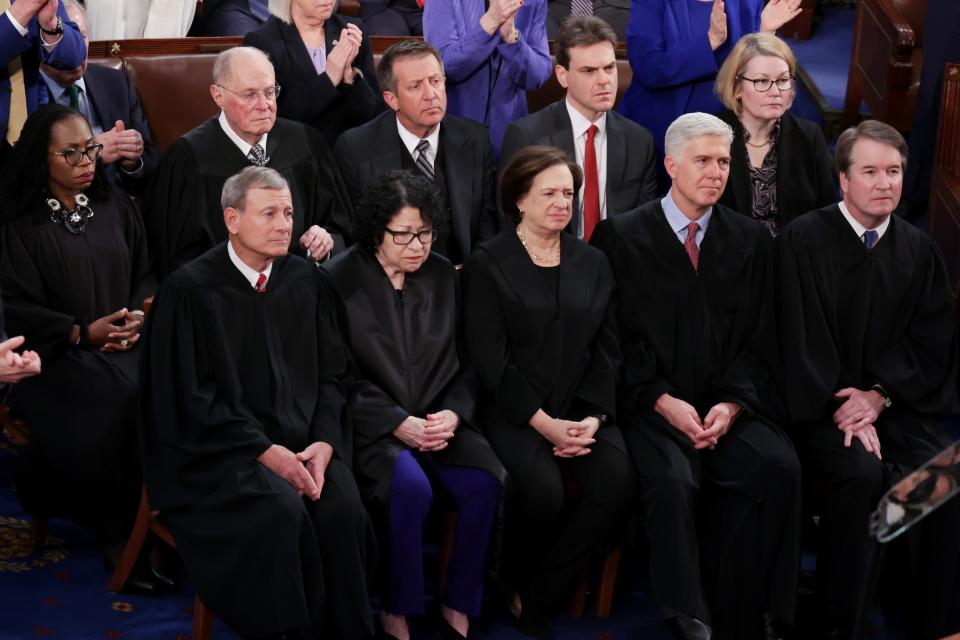 (L-R) U.S. Supreme Court Associate Justice Ketanji Brown Jackson, retired Associate Justice Anthony Kennedy, Chief Justice John Roberts, Associate Justice Sonia Sotomayor, Associate Justice Elena Kagan, Associate Justice Neil Gorsuch and Associate Justice Brett Kavanaugh attend U.S. President Joe Biden's State of the Union address during a joint meeting of Congress in the House chamber at the U.S. Capitol on March 07, 2024 in Washington, DC.