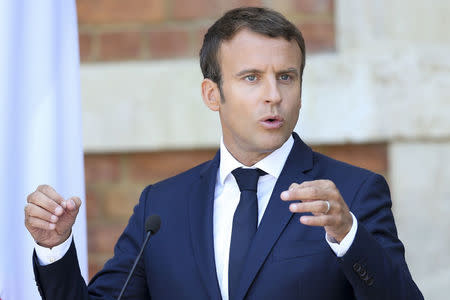 French President Emmanuel Macron speaks during a joint news conference with Bulgarian President Rumen Radev (not pictured) in Euxinograd residence, near Varna, Bulgaria, August 25, 2017. REUTERS/Stoyan Nenov