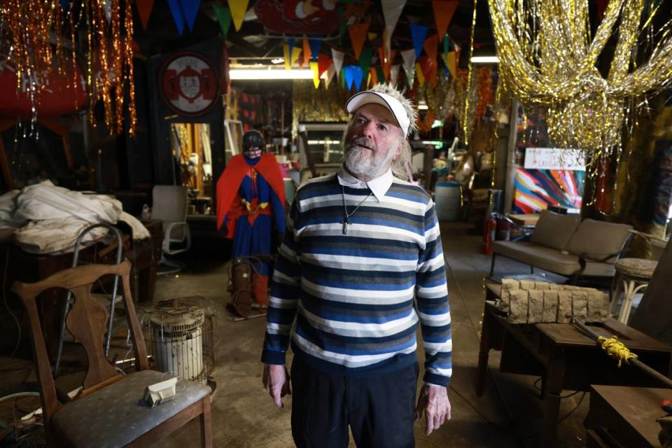 “Crazy Dale” Varnam photographed in his Fort Apache on Thursday, February 22, 2024 in Varnamtown, N.C. Fort Apache, Varnam’s creation is an odd collection of old cars, mannequins, toilet bowls, signs and Christmas lights.