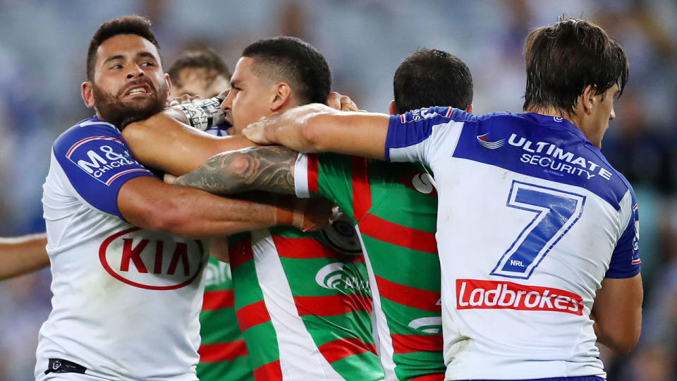 South Sydney and the Bulldogs played out a fiesty Good Friday encounter. Pic: Getty