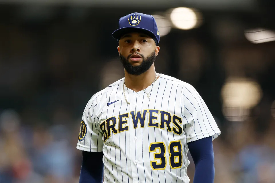 MILWAUKEE, WISCONSIN - AUGUST 05: Devin Williams #38 of the Milwaukee Brewers walks off the mound during the game against the Pittsburgh Pirates at American Family Field on August 05, 2023 in Milwaukee, Wisconsin. (Photo by John Fisher/Getty Images)