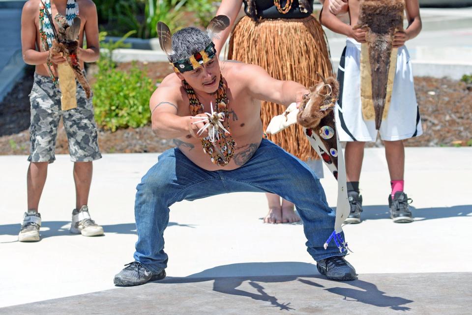 James Gensaw, a Yurok language teacher and ceremonial practitioner, performs a Brush Dance demonstration.