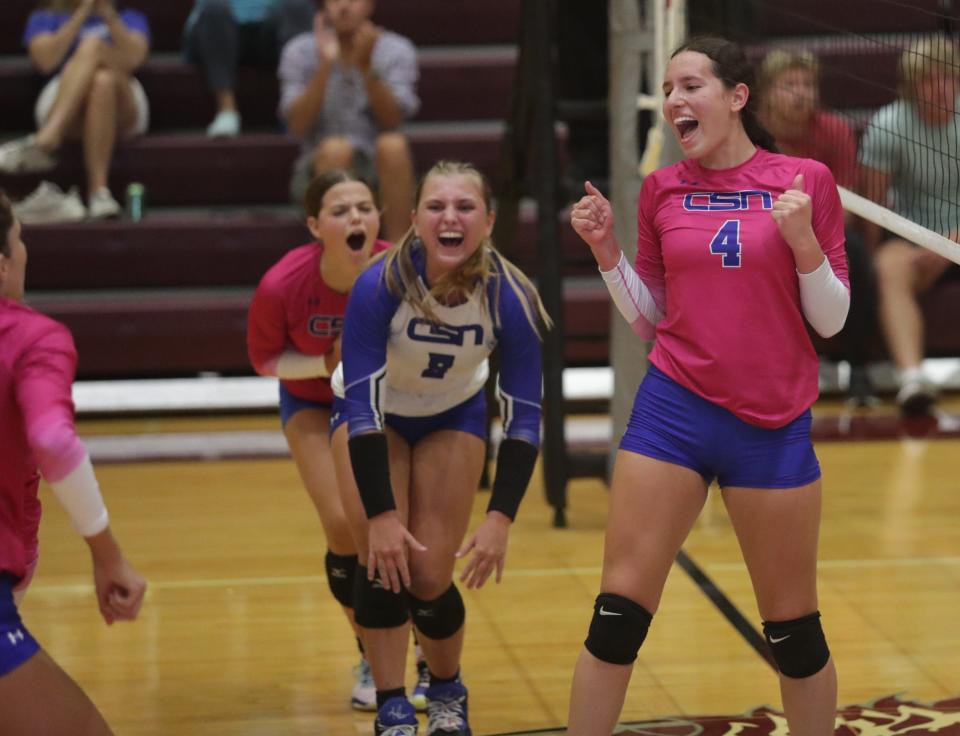 Community School of Naples and Bishop Verot play in the third place game of the Private 8 Volleyball Championships on Thursday, Sept. 14, 2023, at First Baptist Academy in Naples.