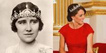 <p>Kate Middleton has also been seen wearing this <a rel="nofollow noopener" href="http://people.com/royals/lotus-flower-tiara-on-kate-middleton-and-princess-margaret/" target="_blank" data-ylk="slk:tiara" class="link ">tiara</a>, which originally belonged to the Queen Mother, and was made from a necklace her husband gave her. The piece was frequently worn by Queen Elizabeth II's sister Princess Margaret, and was loaned to her daughter-in-law Serena Stanhope on her wedding day.</p>