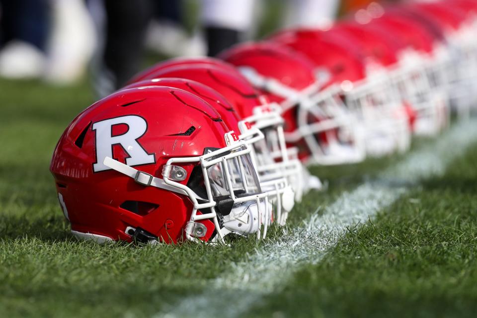 Nov 20, 2021; University Park, Pennsylvania, USA; A detailed view of the Rutgers Scarlet Knights football helmets during a warmup prior to the game against the Penn State Nittany Lions at Beaver Stadium. Mandatory Credit: Matthew OHaren-USA TODAY Sports