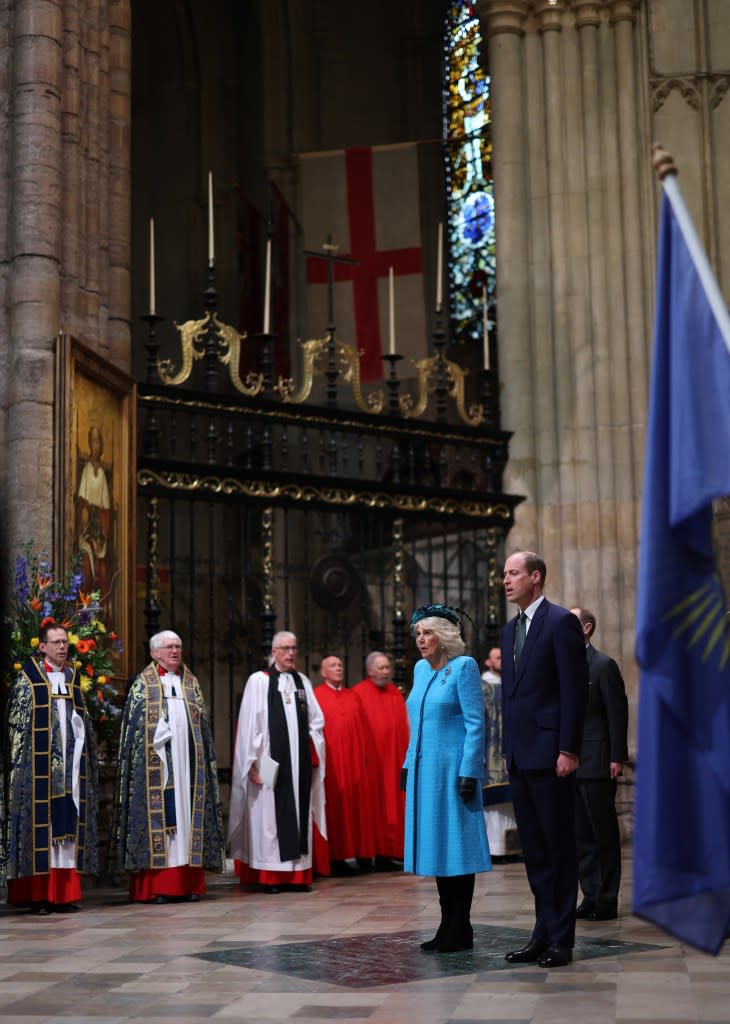 Queen Camilla and Prince William at Commonwealth Day service ceremony at Westminster Abbey in London on March 11, 2024. POOL/AFP via Getty Images