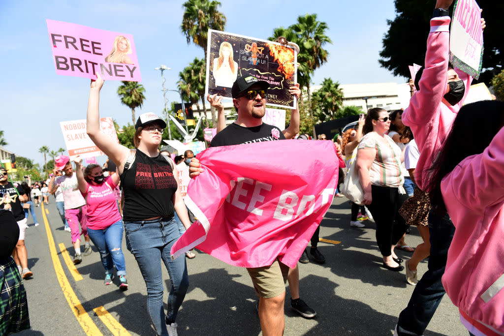 #FreeBritney activists protest during a hearing on the future of Britney Spears's conservatorship at the Stanley Mosk Courthouse in Los Angeles on Sept. 29. (Photo: Chelsea Guglielmino/Getty Images)