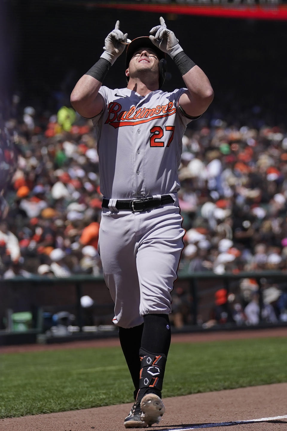 Baltimore Orioles' James McCann gestures after hitting a home run against the San Francisco Giants during the sixth inning of a baseball game in San Francisco, Sunday, June 4, 2023. (AP Photo/Jeff Chiu)