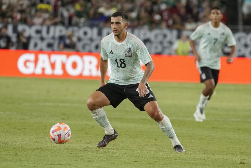 Mexico's Luis Chavez (18) during the first half of a CONCACAF Gold Cup soccer match against Haiti Thursday, June 29, 2023, in Glendale, Ariz. (AP Photo/Darryl Webb)