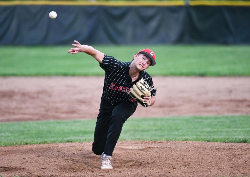 Eastern Greene’s Will Inman pitches during the baseball game against Bloomfield at Eastern Greene on Friday, May 3, 2024.